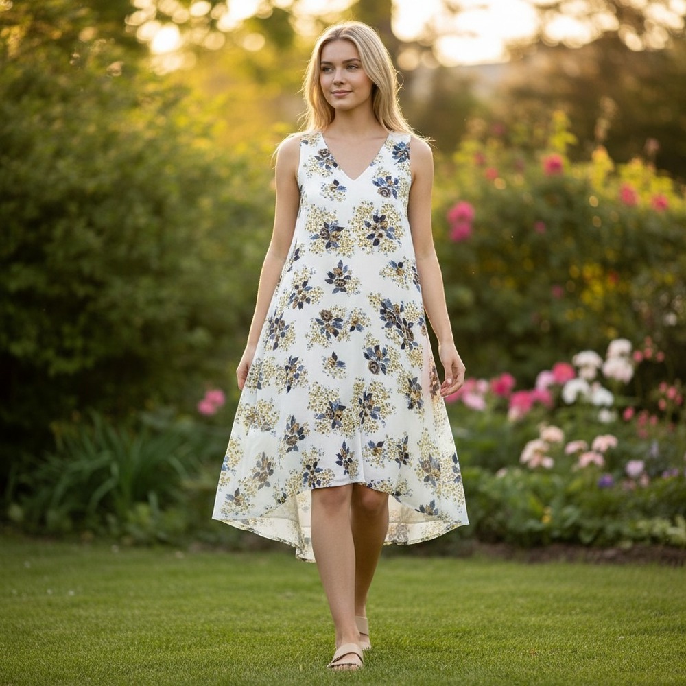 Fleur Bleue White Yellow Blue Floral V-Neck Sleeveless Shift Dress